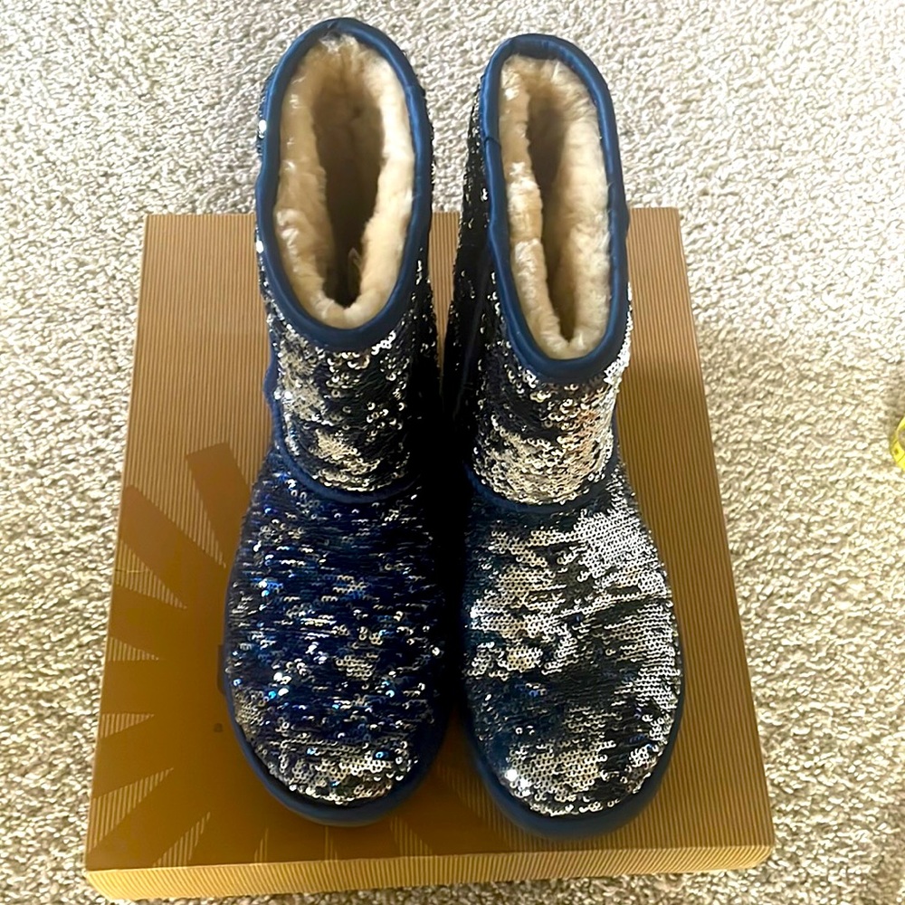 UGG Classic Short Navy Blue Sparkles Sequin Sheepskin Boots(